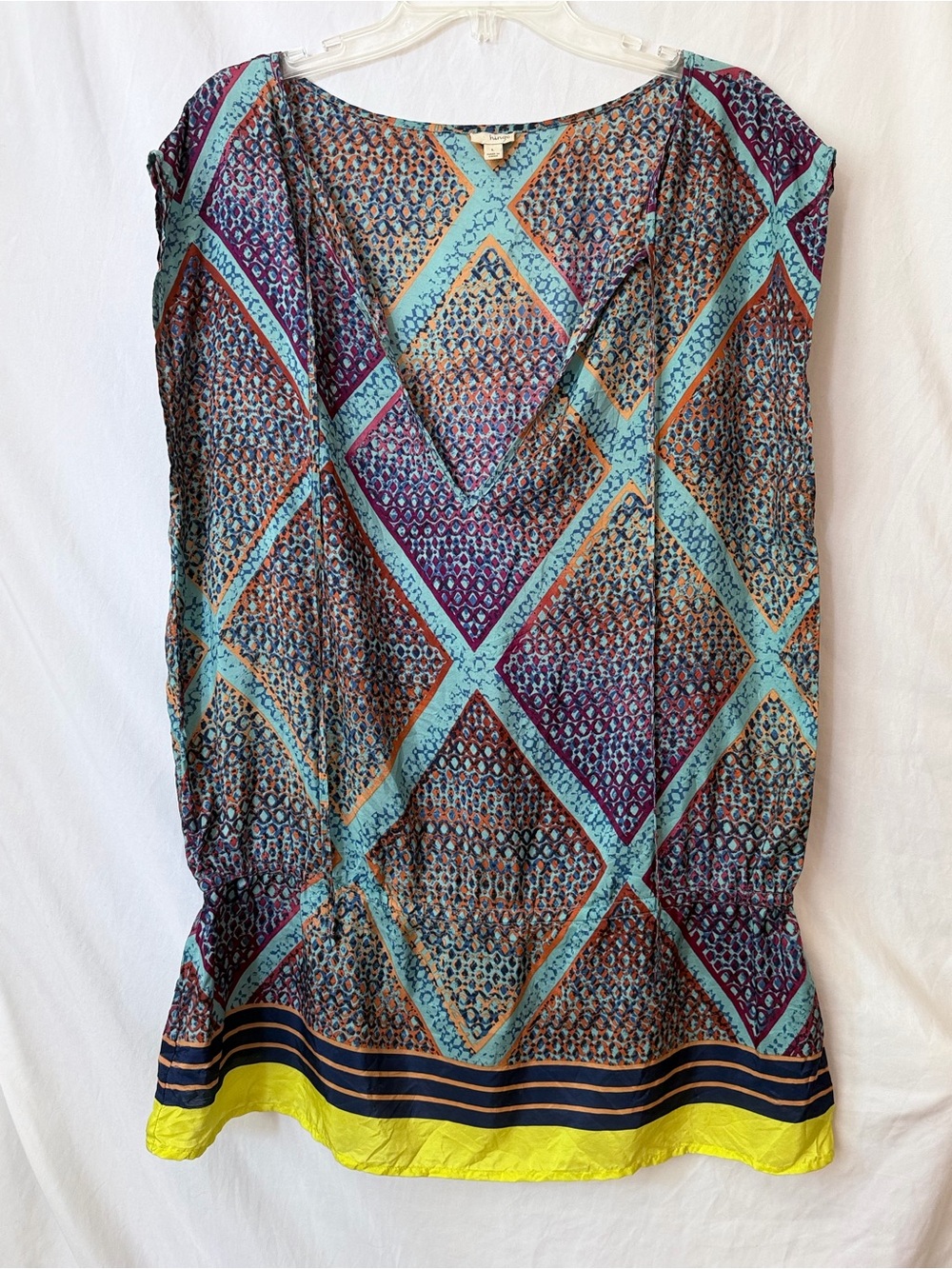 100% Silk Tunic Top Geometric Sleeveless Blouse Womens L